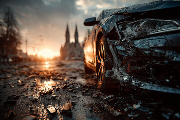 "Damaged Front Side of Car After Road Accident"