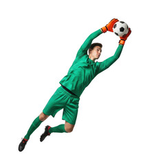 Fototapeta premium Goalkeeper in green uniform diving and catching soccer ball isolated on transparent background