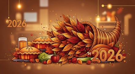 Abundant cornucopia overflowing with harvest foods and year 2026 celebration
