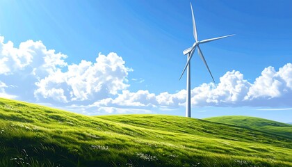 Wind turbine on a grassy hill under a bright sky