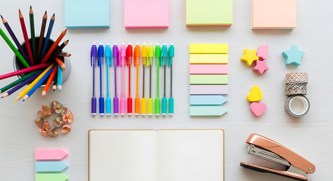 Overhead shot featuring a variety of colorful stationery items, including pens, pencils, sticky notes, washi tape, and a notebook, arranged on a white wooden surface, creating a vibrant and organized  - Powered by Adobe