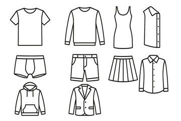 Vector illustration of clothing and apparel icon set including t-shirt, sweatshirt, tank top, shirt, boxer shorts, shorts, skirt, hoodie, and blazer outline style fashion icons
