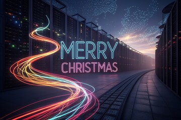 Neon merry christmas message on a train track with light trails