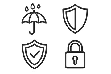 Vector illustration set of protection symbols including umbrella with rain drops, shield with check mark, shield with half panel, and closed padlock icons for security concepts