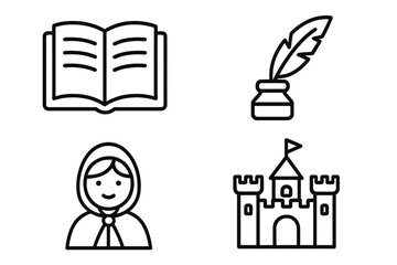 Set of story and fairy tale icons including open book, ink and quill pen, girl in hooded cape, and castle with flag vector illustration