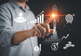 A person interacting with digital business growth icons and a rocket launching on a dark background