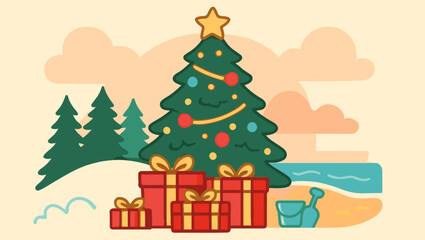Merry Christmas, Magic Christmas village, Christmas Tree Between Snow and Sand, Christmas tree, snowy forest, tropical beach, holiday illustration, festive scene