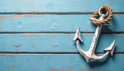 White nautical anchor with thick rope lies on weathered blue wood planks. Maritime decoration for coastal themes, seaside holidays, and nautical decor projects.