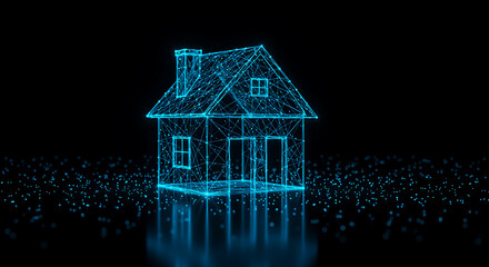 Blue wireframe house with digital particles on black background