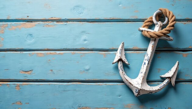 White nautical anchor with thick rope lies on weathered blue wood planks. Maritime decoration for coastal themes, seaside holidays, and nautical decor projects.