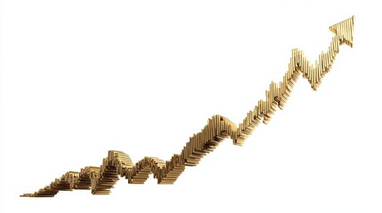 Fototapeta premium A rising stock graph clipart, finance element, 3D metallic illustration, gold accents, isolated on white background.