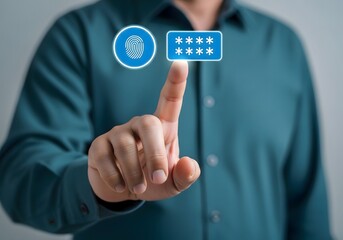 A person's finger pointing at a fingerprint icon and a password icon on a digital interface