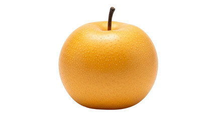 Isolated Asian pear fruit still life with stem, close-up view of a fresh yellow pear