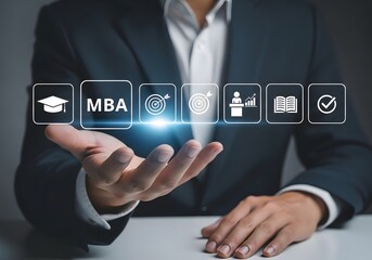 Businessman presenting mba program icons with graduation cap and target on hand in dark background