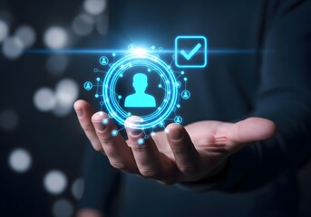 Hand holding a glowing digital interface with a person icon and a check mark in the background