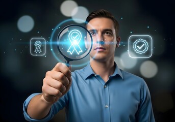 Man examining quality icons with a magnifying glass in a digital interface with blurred background