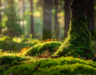 Forest Floor Moss Covered Tree Trunk Sunlight.