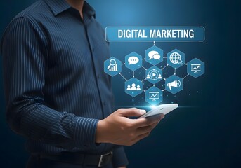 Man holding smartphone with digital marketing icons floating above on a blue background image