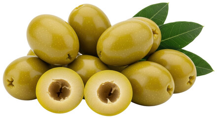 Isolated Fresh Green Olives Heap Whole and Sliced Fruit Garnished with Green Leaves Healthy Food