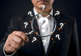 Man in suit holding magnifying glass with question mark symbols surrounding the glass and the man