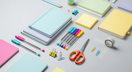 Overhead shot of pastelcolored stationery items, including notebooks, pens, sticky notes, and scissors, arranged on a light gray surface, creating a calming and organized workspace aesthetic, perfect 