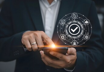 Man in suit using smartphone with checkmark graphic overlay for business application usage case