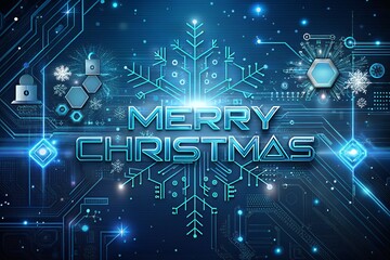 Futuristic merry christmas greeting with digital snowflake and circuit board design