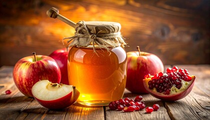Rosh Hashanah Celebration with Apples Honey and Pomegranate.