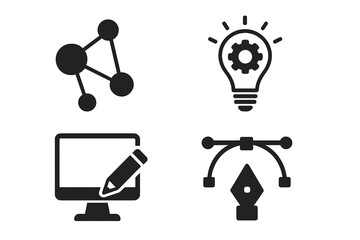 Abstract technology connection and creative design icons set, innovation concept with network, light bulb gear idea, digital drawing computer and vector pen tool symbols for creative projects