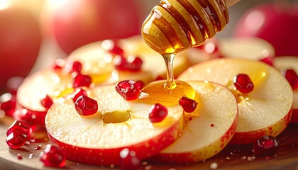 Apples and Pomegranates with Honey Drizzled on Top.