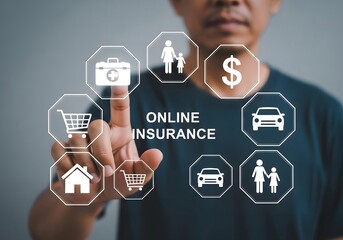 Man touching online insurance icons representing family car health and home protection options available