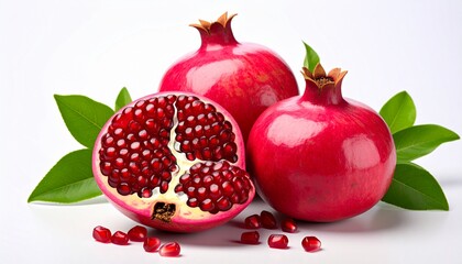 Fresh Pomegranate Fruits with Seeds and Green Leaves.