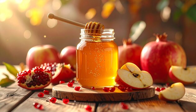 Rosh Hashanah food and drink still life with honey apples and pomegranates.