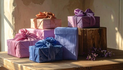 Beautifully Wrapped Gifts in Colorful Fabric Furoshiki Style.