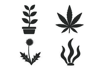 Vector design collection of plant and weed symbols including potted plant, cannabis leaf, dandelion flower, and seaweed silhouette, botanical nature signs