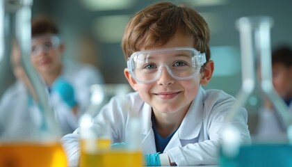 Young smiling boy in lab coat and glasses. Kid studies science in school class. Child enjoys experiment at science lab, looks at camera. Education, development concept.