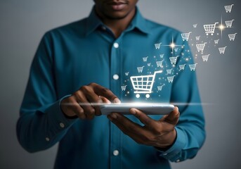 Man using a tablet with shopping cart icons floating above representing online shopping concept