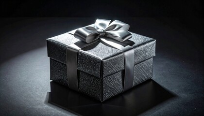 Elegant Silver Gift Box with Ribbon on Dark Background.