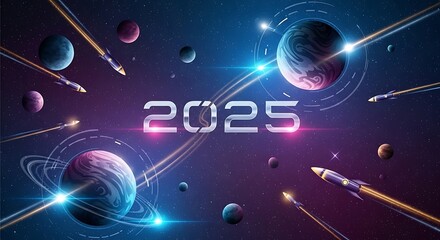 Futuristic 2025 year displayed amidst cosmic planets and nebulas in vibrant neon