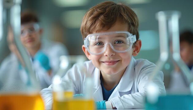 Young smiling boy in lab coat and glasses. Kid studies science in school class. Child enjoys experiment at science lab, looks at camera. Education, development concept.