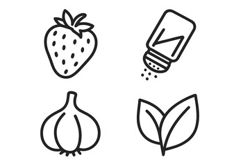 Taste and seasoning black line icons set with strawberry, salt shaker, garlic, and fresh leaves natural flavor ingredients design elements for food branding