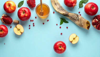 Rosh Hashanah symbols apples honey shofar pomegranate on blue background.
