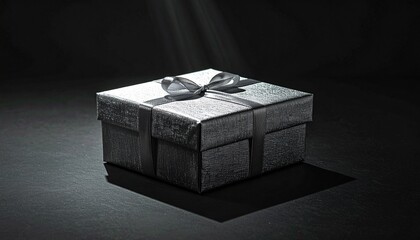 Solitary gift box illuminated from above on a black background.