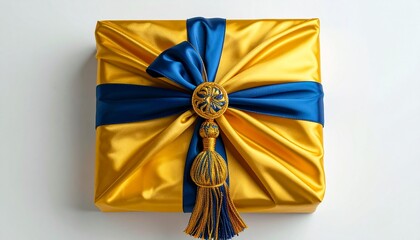 Elegant Gold Gift Box with Blue Ribbon and Tassel.