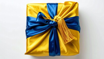 Elegant Gift Wrapped in Yellow and Blue Silk.
