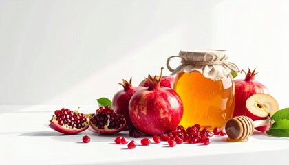 Rosh Hashanah Symbols Honey Pomegranate and Apple.