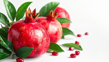 Vibrant Pomegranates with Leaves on White Background: A Fresh and Healthy Still Life.