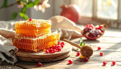 Honeycomb and Pomegranate on a Wooden Table.