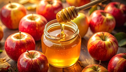 Golden Honey Dripping into a Jar Surrounded by Fresh Red Apples.