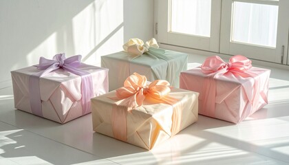 Colorful wrapped gifts with ribbons on a white surface.